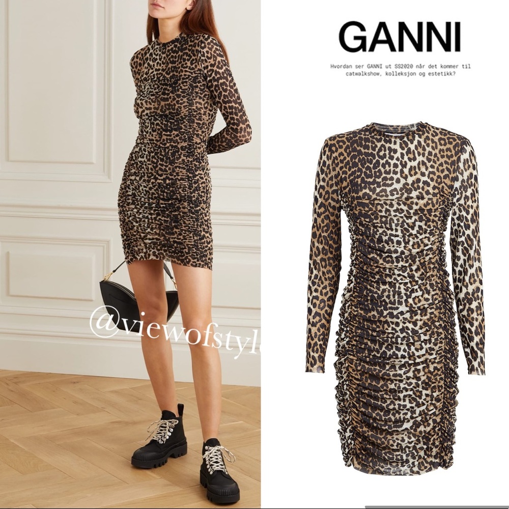 GANNI Ruched Leopard mesh Dress